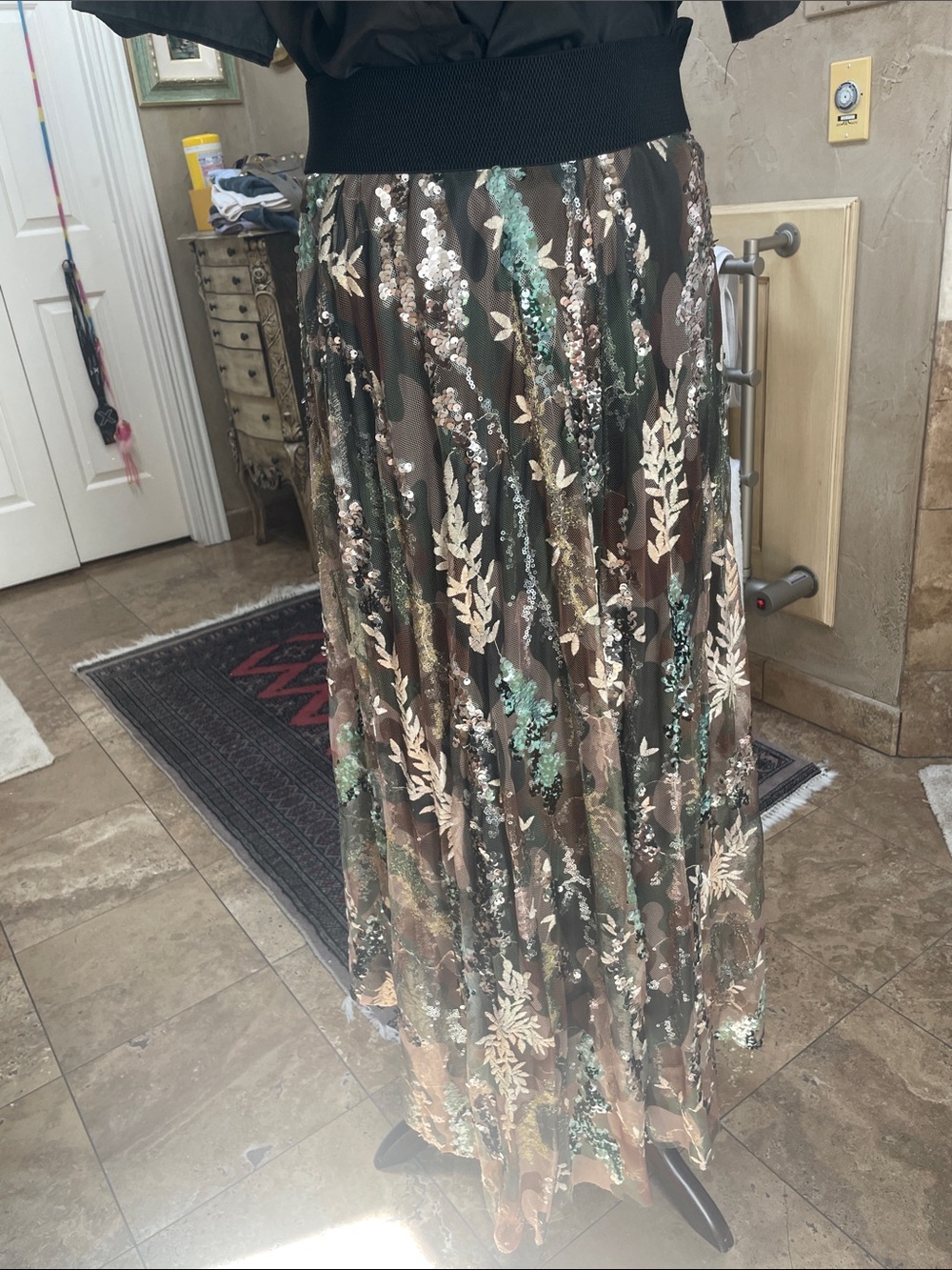 Embellished Floral Maxi Skirt in Brown and Green